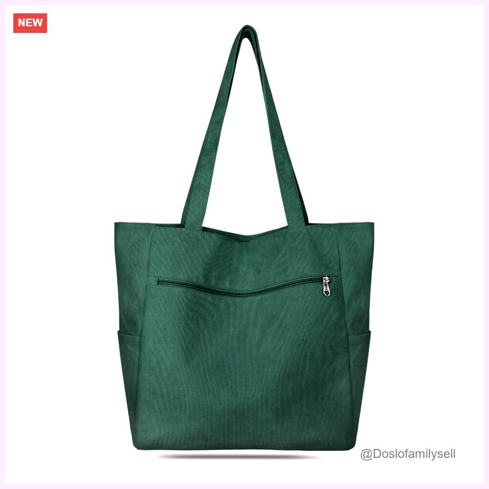 Large Corduroy Tote Bag with Zipper, Spacious Work Travel Shoulder Bag